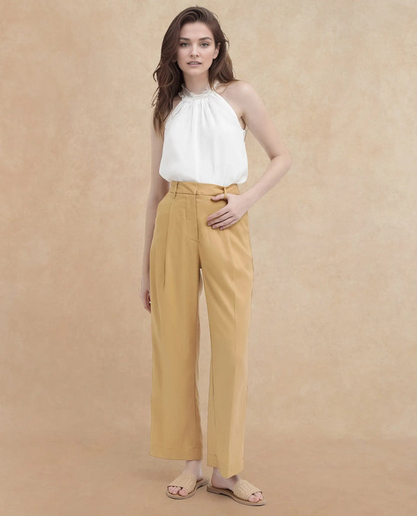 Rareism Women Nuray Tan Cotton Zipper Closure Trouser