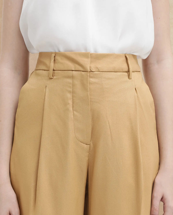 Rareism Women Nuray Tan Cotton Zipper Closure Trouser