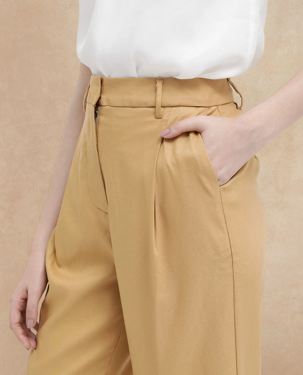 Rareism Women Nuray Tan Cotton Zipper Closure Trouser