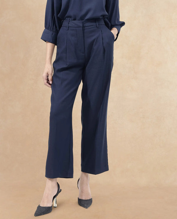 Rareism Women Nuray Navy Cotton Fabric Zipper Closure Solid Regular Fit Trouser