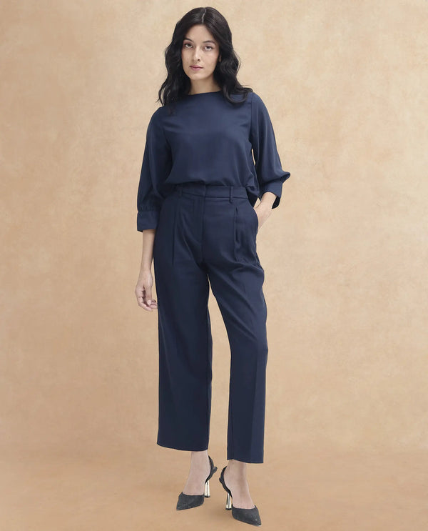 Rareism Women Nuray Navy Cotton Fabric Zipper Closure Solid Regular Fit Trouser