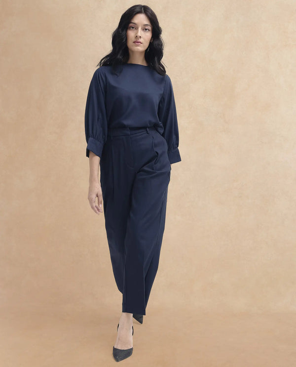 Rareism Women Nuray Navy Cotton Fabric Zipper Closure Solid Regular Fit Trouser