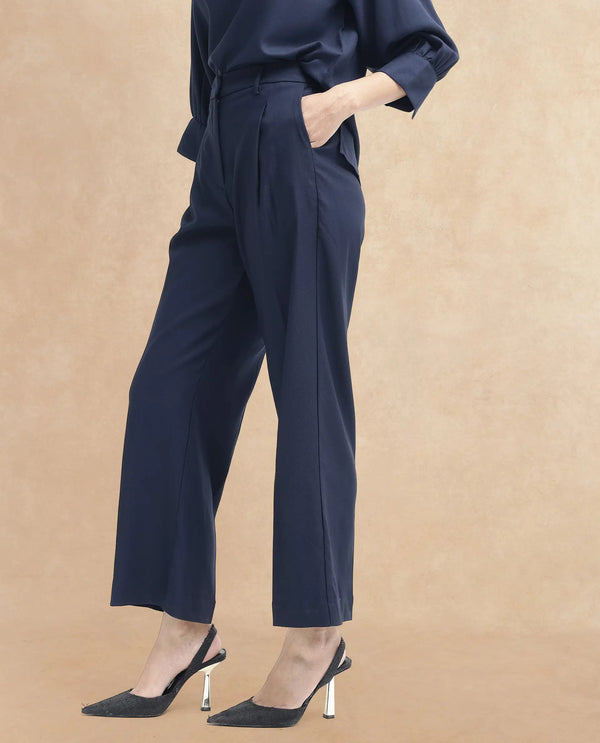 Rareism Women Nuray Navy Cotton Fabric Zipper Closure Solid Regular Fit Trouser