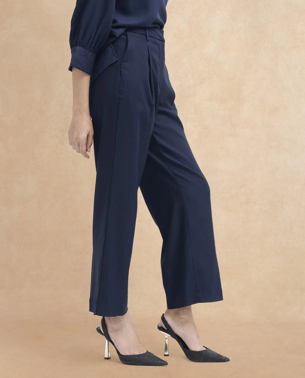 Rareism Women Nuray Navy Cotton Fabric Zipper Closure Solid Regular Fit Trouser