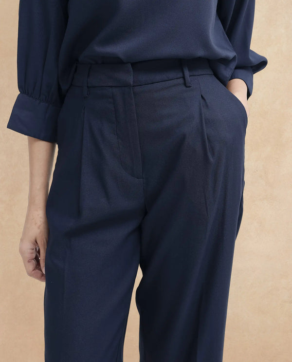Rareism Women Nuray Navy Cotton Fabric Zipper Closure Solid Regular Fit Trouser
