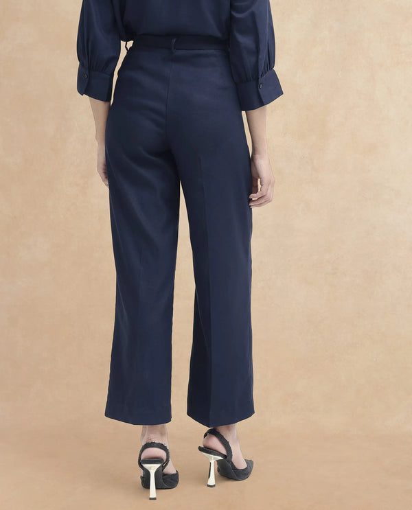 Rareism Women Nuray Navy Cotton Fabric Zipper Closure Solid Regular Fit Trouser