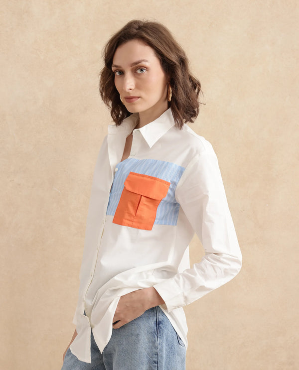 Rareism Women Nuvem Off White Cuffed Sleeve Collared Neck Regular Fit Plain Shirt