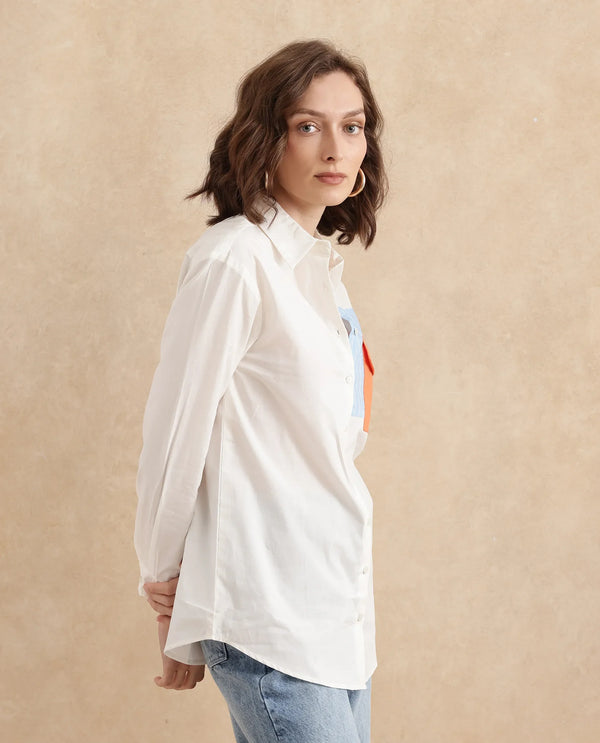 Rareism Women Nuvem Off White Cuffed Sleeve Collared Neck Regular Fit Plain Shirt