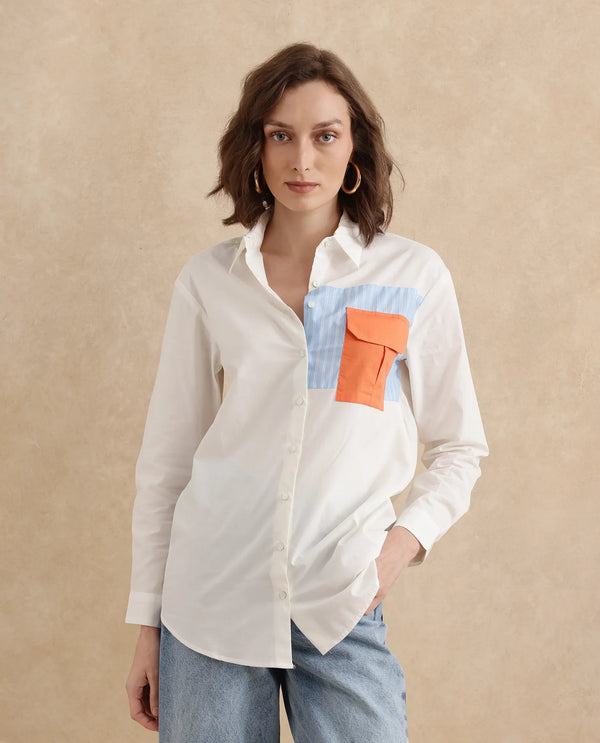 Rareism Women Nuvem Off White Cuffed Sleeve Collared Neck Regular Fit Plain Shirt