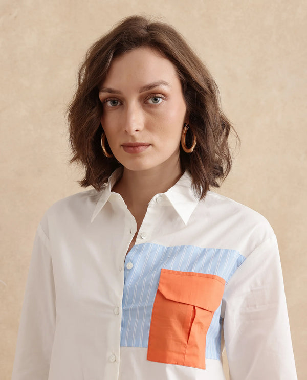 Rareism Women Nuvem Off White Cuffed Sleeve Collared Neck Regular Fit Plain Shirt