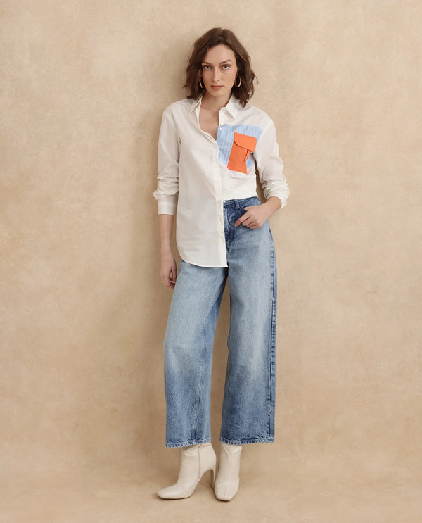 Rareism Women Nuvem Off White Cuffed Sleeve Collared Neck Regular Fit Plain Shirt