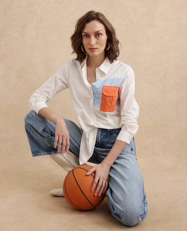 Rareism Women Nuvem Off White Cuffed Sleeve Collared Neck Regular Fit Plain Shirt