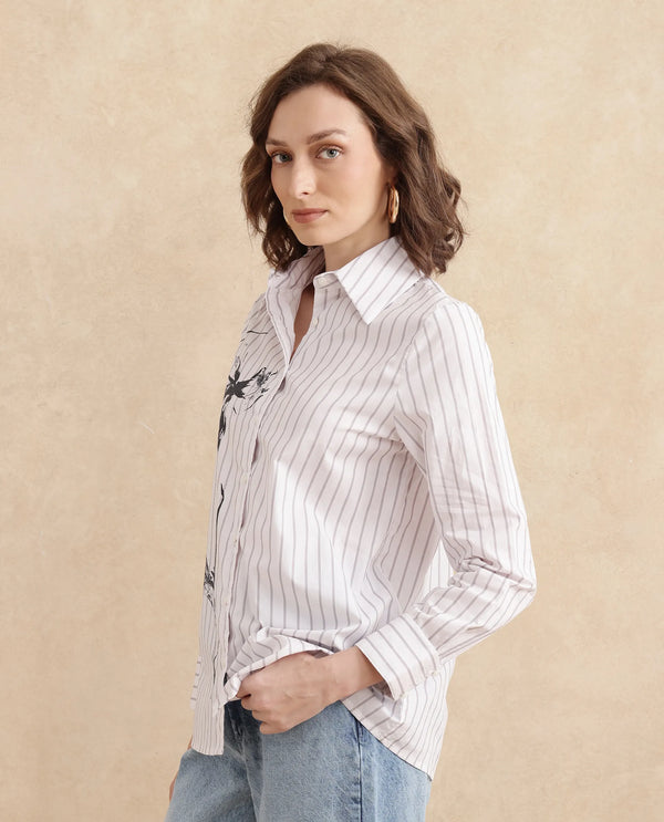 Rareism Women Nzingat White Cuffed Sleeve Collared Neck Regular Fit Floral Print Shirt