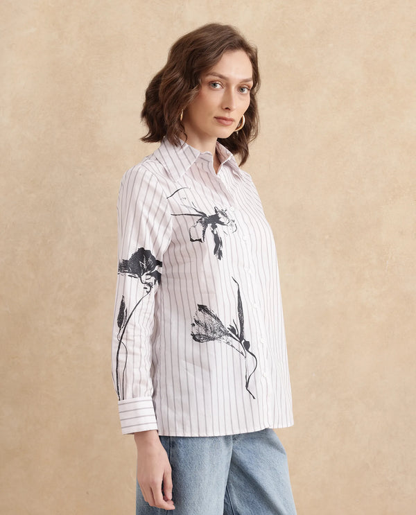 Rareism Women Nzingat White Cuffed Sleeve Collared Neck Regular Fit Floral Print Shirt
