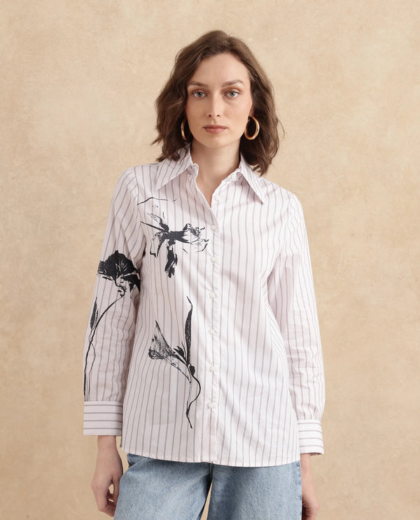 Rareism Women Nzingat White Cuffed Sleeve Collared Neck Regular Fit Floral Print Shirt