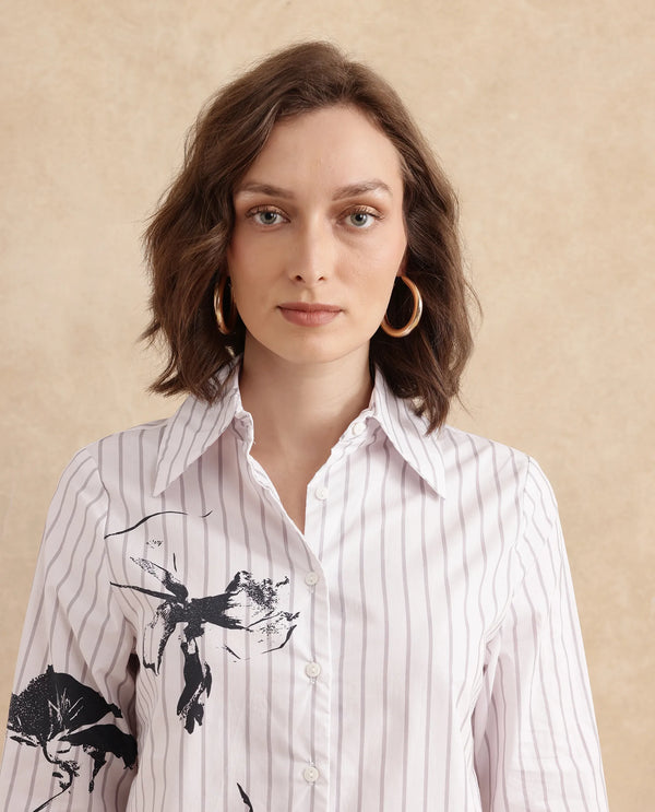 Rareism Women Nzingat White Cuffed Sleeve Collared Neck Regular Fit Floral Print Shirt