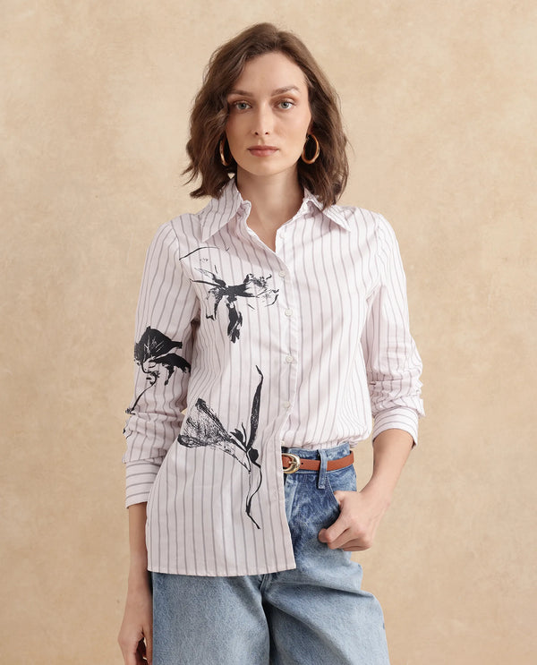 Rareism Women Nzingat White Cuffed Sleeve Collared Neck Regular Fit Floral Print Shirt