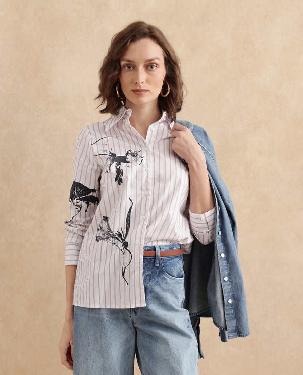 Rareism Women Nzingat White Cuffed Sleeve Collared Neck Regular Fit Floral Print Shirt