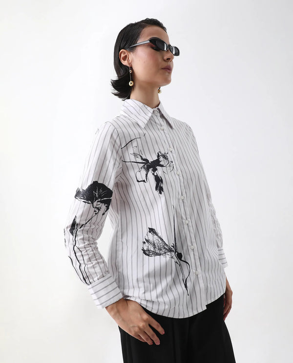 Rareism Women Nzingat White Cuffed Sleeve Collared Neck Regular Fit Floral Print Shirt