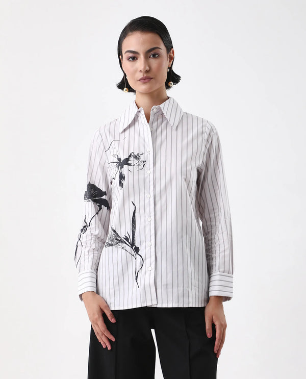 Rareism Women Nzingat White Cuffed Sleeve Collared Neck Regular Fit Floral Print Shirt