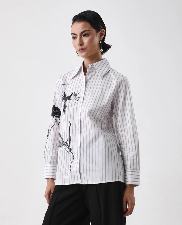 Rareism Women Nzingat White Cuffed Sleeve Collared Neck Regular Fit Floral Print Shirt