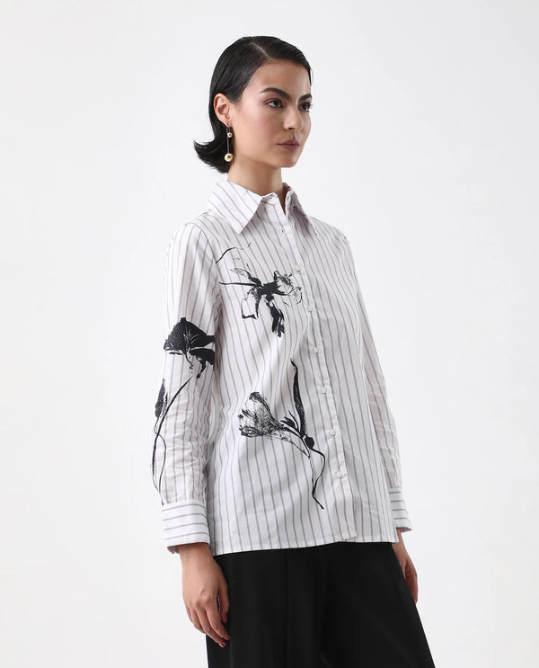 Rareism Women Nzingat White Cuffed Sleeve Collared Neck Regular Fit Floral Print Shirt
