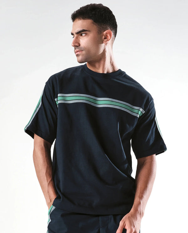 Rare Rabbit Men Newnon-T Navy Cotton Fabric Short Sleeves Tape Detailed Boxy Fit Crew Neck Plain T-Shirt