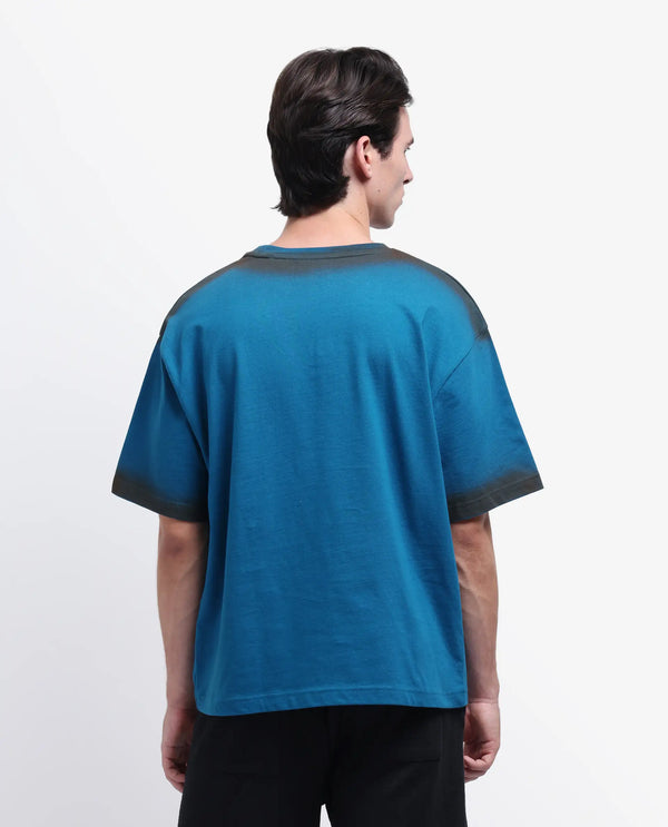 Rare Rabbit Men Oakoe Petrol Cotton Fabric Short Sleeve Slip-On Oversized Fit Graphic Print T-Shirt