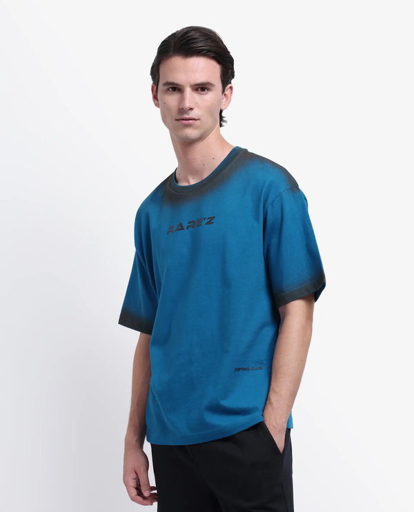 Rare Rabbit Men Oakoe Petrol Cotton Fabric Short Sleeve Slip-On Oversized Fit Graphic Print T-Shirt