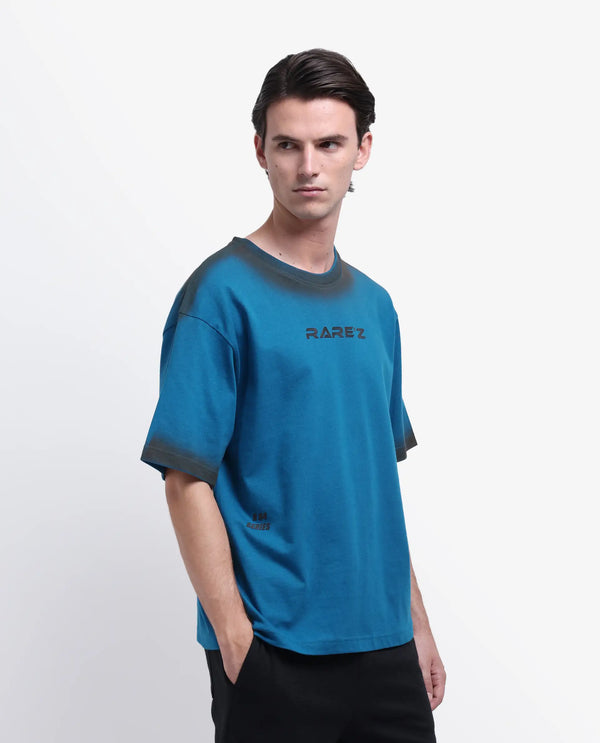 Rare Rabbit Men Oakoe Petrol Cotton Fabric Short Sleeve Slip-On Oversized Fit Graphic Print T-Shirt
