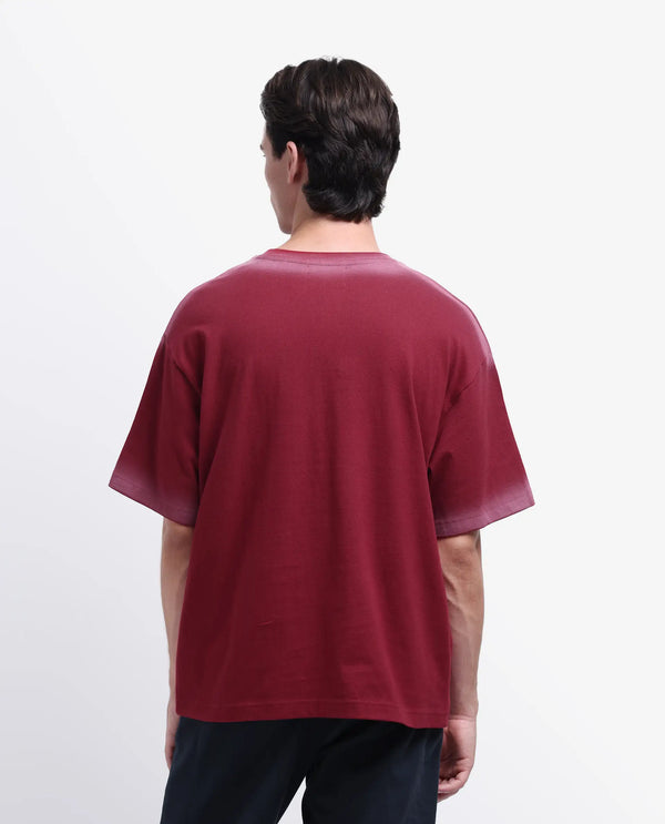 Rare Rabbit Men Oakoe Dark Red Cotton Fabric Short Sleeve Slip-On Oversized Fit Graphic Print T-Shirt