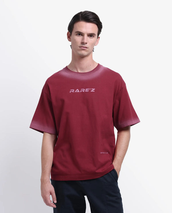 Rare Rabbit Men Oakoe Dark Red Cotton Fabric Short Sleeve Slip-On Oversized Fit Graphic Print T-Shirt