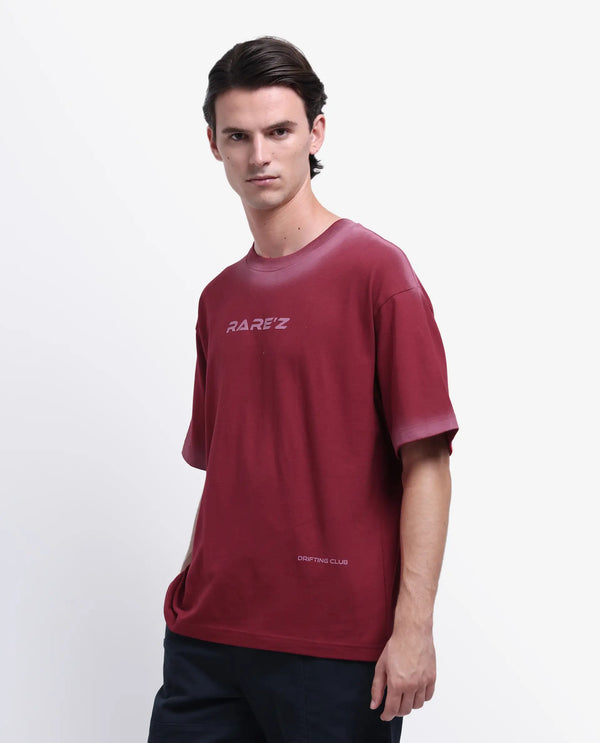 Rare Rabbit Men Oakoe Dark Red Cotton Fabric Short Sleeve Slip-On Oversized Fit Graphic Print T-Shirt