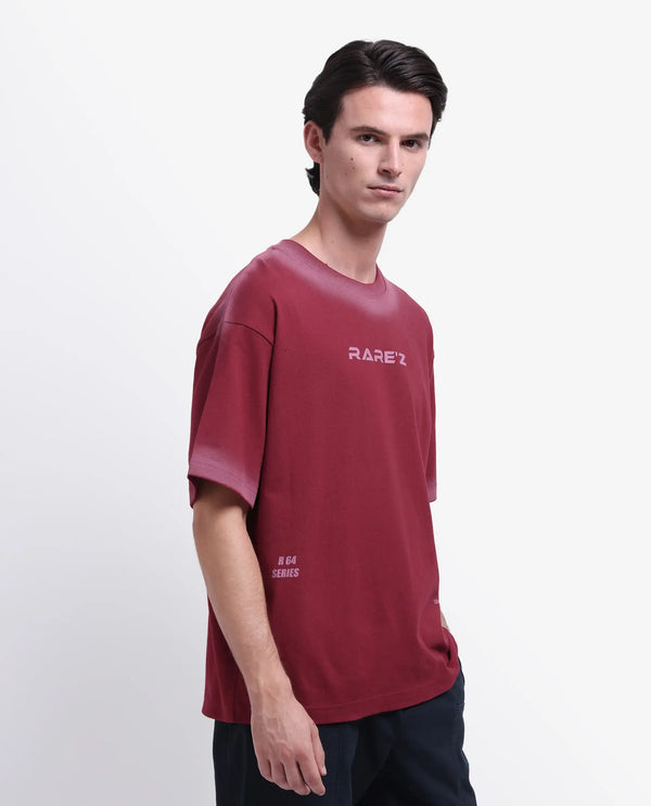 Rare Rabbit Men Oakoe Dark Red Cotton Fabric Short Sleeve Slip-On Oversized Fit Graphic Print T-Shirt