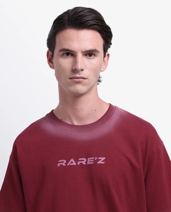 Rare Rabbit Men Oakoe Dark Red Cotton Fabric Short Sleeve Slip-On Oversized Fit Graphic Print T-Shirt