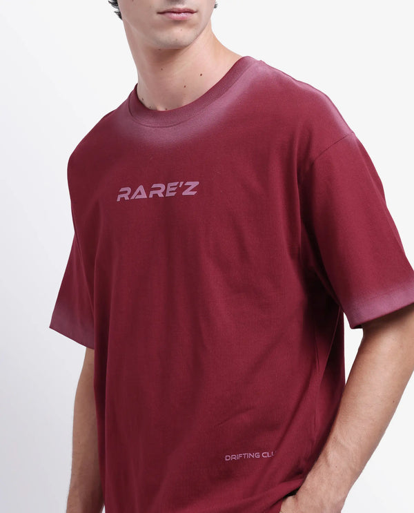 Rare Rabbit Men Oakoe Dark Red Cotton Fabric Short Sleeve Slip-On Oversized Fit Graphic Print T-Shirt