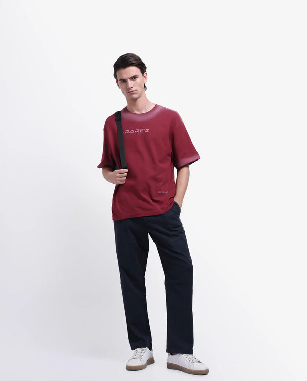 Rare Rabbit Men Oakoe Dark Red Cotton Fabric Short Sleeve Slip-On Oversized Fit Graphic Print T-Shirt