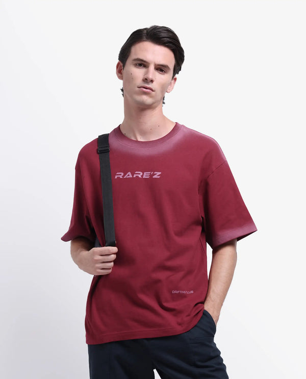 Rare Rabbit Men Oakoe Dark Red Cotton Fabric Short Sleeve Slip-On Oversized Fit Graphic Print T-Shirt
