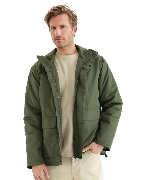 Rare Rabbit Men Oba Dark Green Polyester Fabric Full Sleeve High Neck Collared Snap Button Closure Plain Jacket