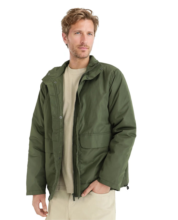 Rare Rabbit Men Oba Dark Green Polyester Fabric Full Sleeve High Neck Collared Snap Button Closure Plain Jacket