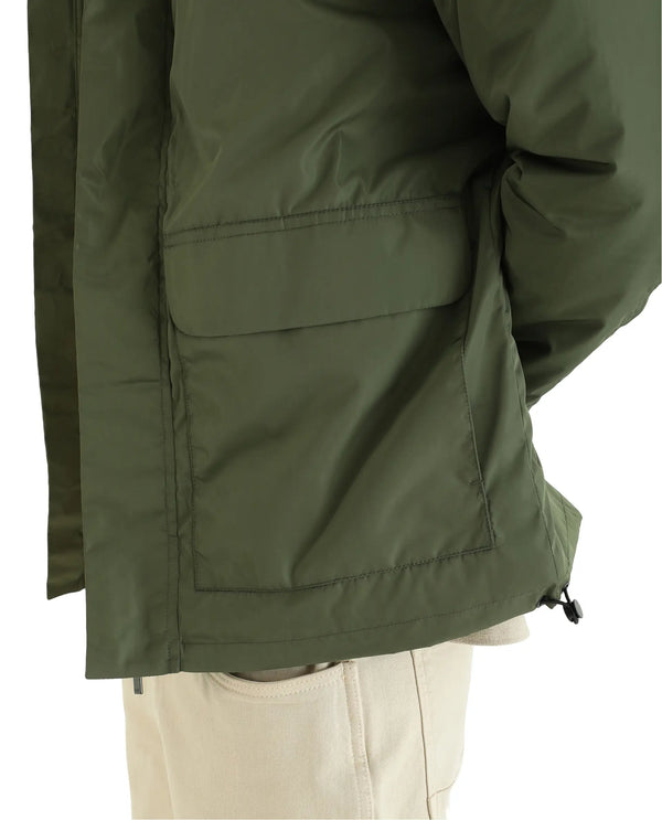 Rare Rabbit Men Oba Dark Green Polyester Fabric Full Sleeve High Neck Collared Snap Button Closure Plain Jacket