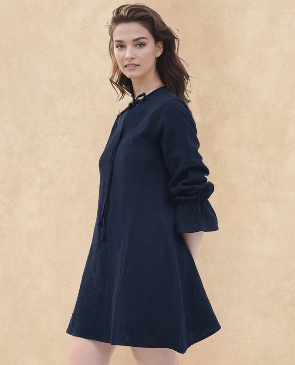 Rareism Women's Oberon Navy Cotton Fabric Tie-Up Neck Tie-Up Closure Bishop Sleeve Plain A-Line Mini Dress