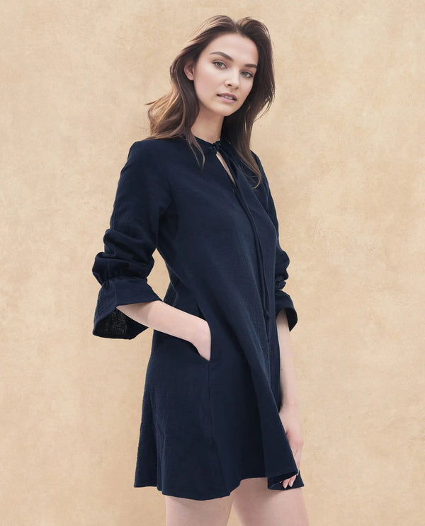 Rareism Women's Oberon Navy Cotton Fabric Tie-Up Neck Tie-Up Closure Bishop Sleeve Plain A-Line Mini Dress