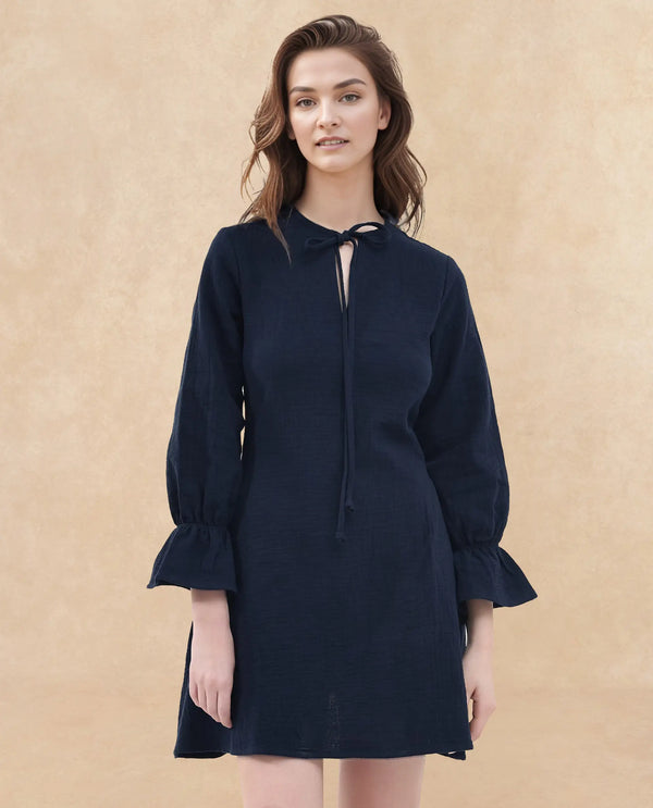 Rareism Women's Oberon Navy Cotton Fabric Tie-Up Neck Tie-Up Closure Bishop Sleeve Plain A-Line Mini Dress