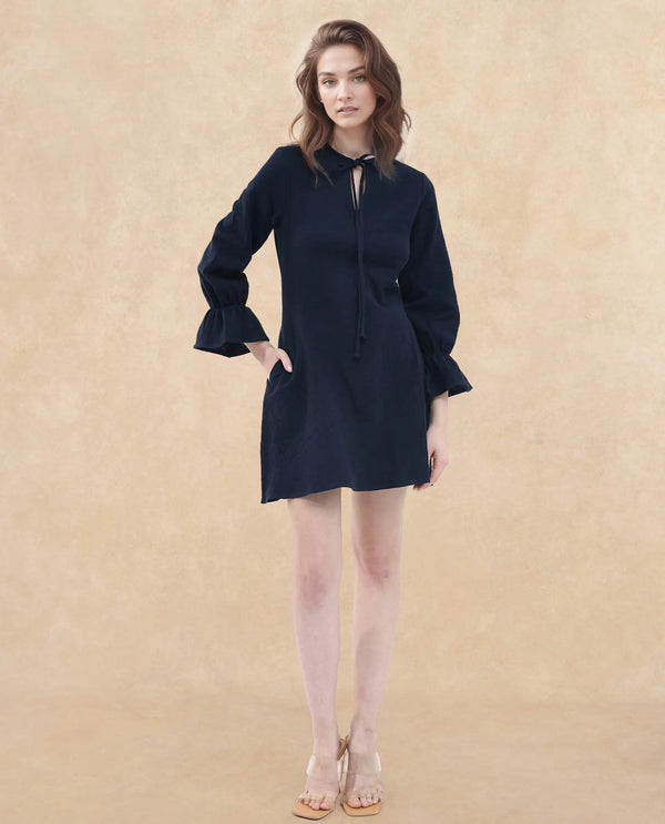Rareism Women's Oberon Navy Cotton Fabric Tie-Up Neck Tie-Up Closure Bishop Sleeve Plain A-Line Mini Dress