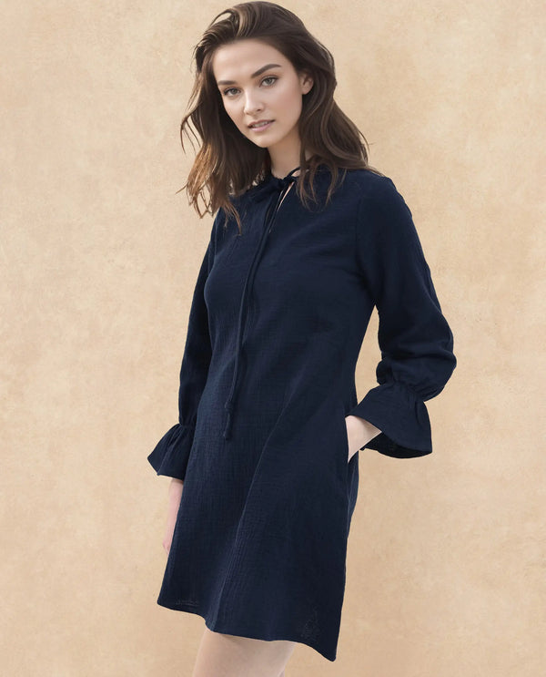 Rareism Women's Oberon Navy Cotton Fabric Tie-Up Neck Tie-Up Closure Bishop Sleeve Plain A-Line Mini Dress
