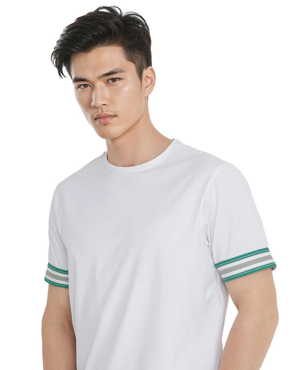 Rare Rabbit Men Oblee White Cotton Blend Fabric Short Sleeve Crew Neck Relaxed Fit Tape Detailed Sleeve T-Shirt