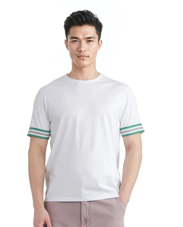 Rare Rabbit Men Oblee White Cotton Blend Fabric Short Sleeve Crew Neck Relaxed Fit Tape Detailed Sleeve T-Shirt