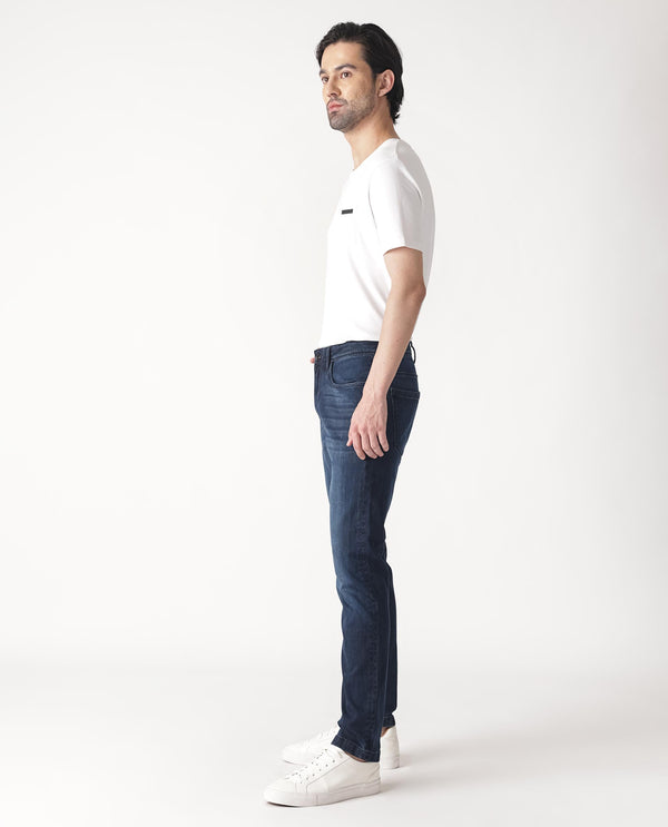 Rare Rabbit Men's Oeko Navy Mid Wash Mid-Rise Slim Fit Jeans