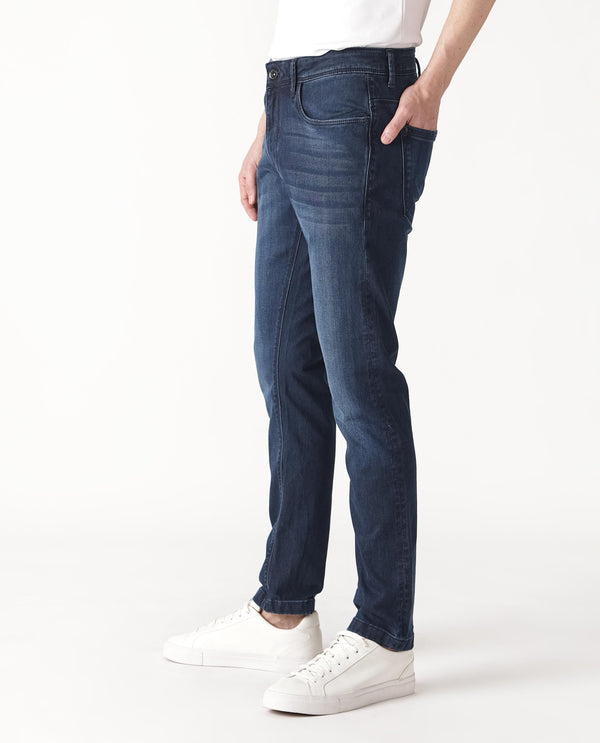 Rare Rabbit Men's Oeko Navy Mid Wash Mid-Rise Slim Fit Jeans
